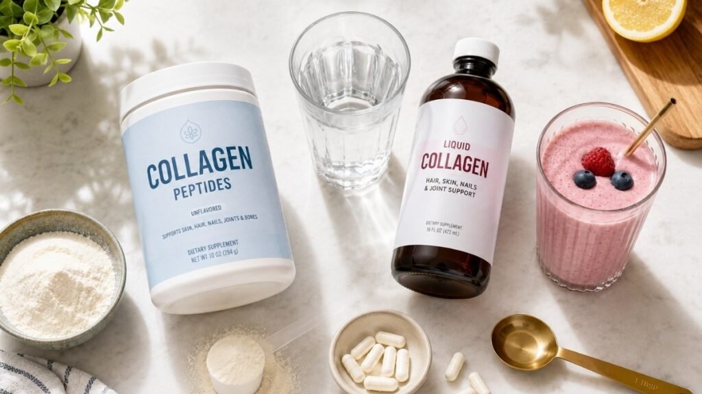 Different collagen supplement forms including powder, capsules, and liquid collagen.
