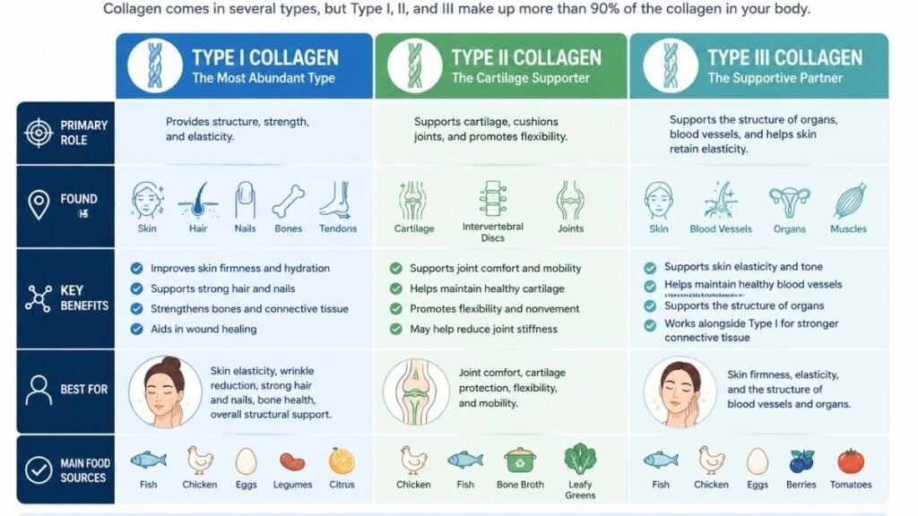 Comparison of Type I, Type II, and Type III collagen and their primary functions.