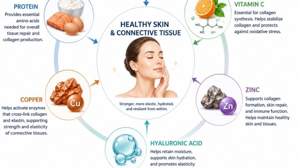 Diagram showing nutrients that work together to support collagen production.