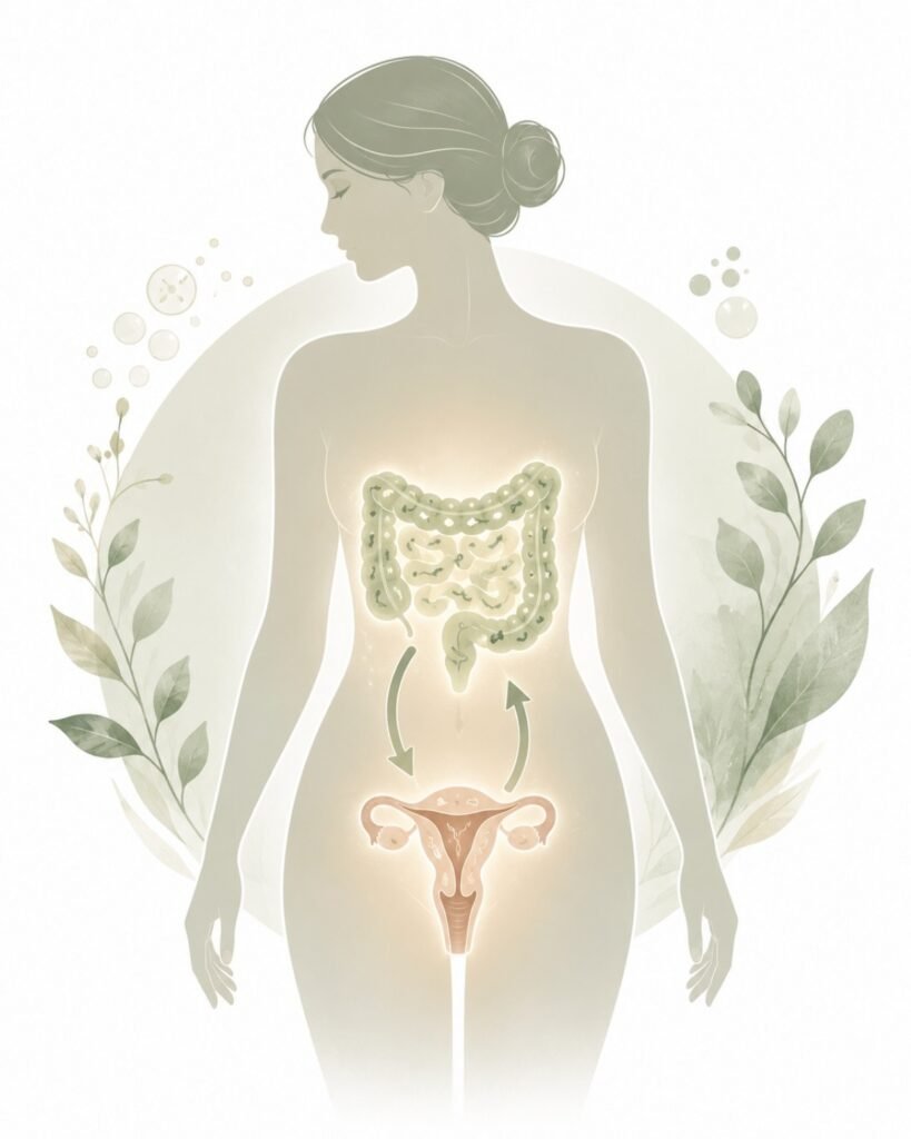 Minimalist female body illustration showing connection between gut and vaginal microbiome with arrows representing the gut-vaginal axis through which probiotic strains like Lactobacillus rhamnosus GR-1 support vaginal health