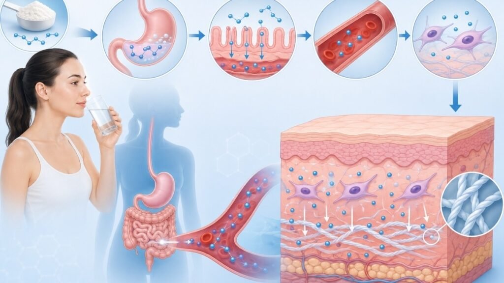 Diagram showing how hydrolyzed collagen peptides are absorbed and support collagen production.