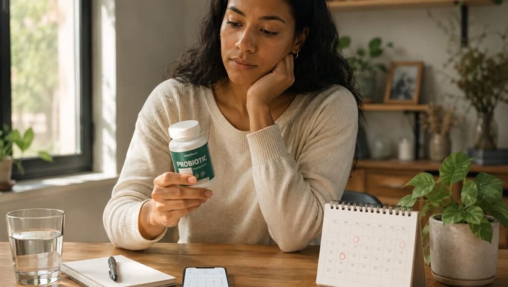 Person holding probiotic supplement bottle at desk with calendar nearby representing the realistic timeline for how long probiotics take to work depending on the health goal