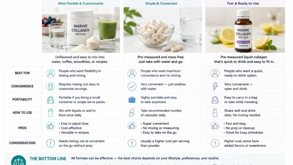 Comparison of marine collagen supplement forms including powder capsules and liquid