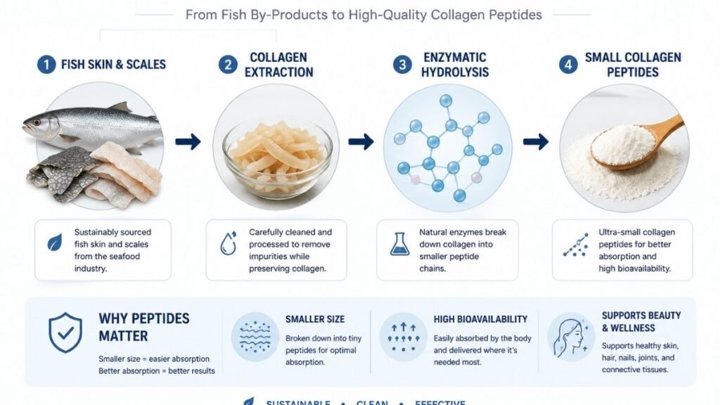 Marine collagen production process from fish sources to hydrolyzed collagen peptides