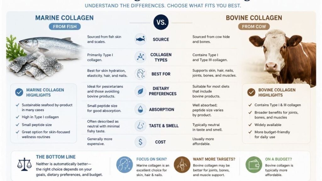 Marine collagen vs bovine collagen comparison including sources and collagen types
