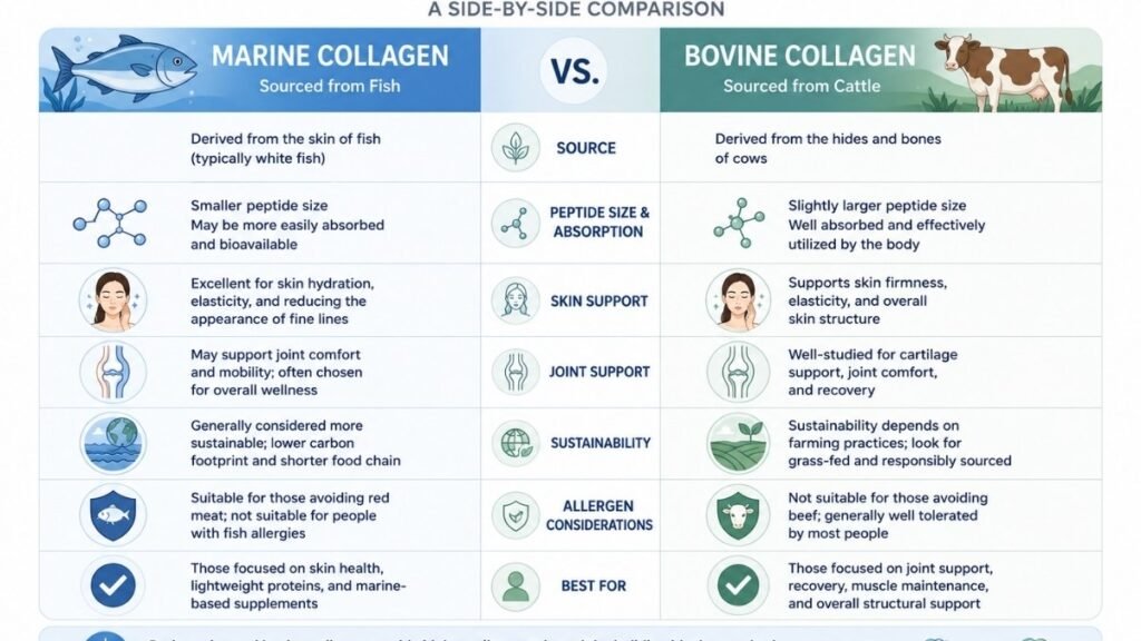 Infographic comparing marine collagen and bovine collagen supplements.