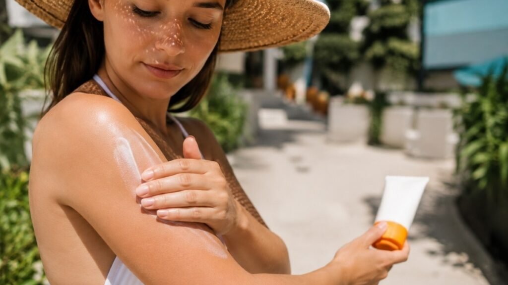 Person applying sunscreen outdoors representing UV protection as the most cost-effective daily habit to prevent collagen loss and skin aging more effectively than most collagen supplements