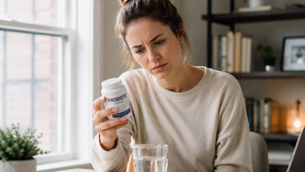 Person holding probiotic supplement bottle with concerned expression representing the common question of whether probiotics can cause diarrhea gas and bloating as side effects