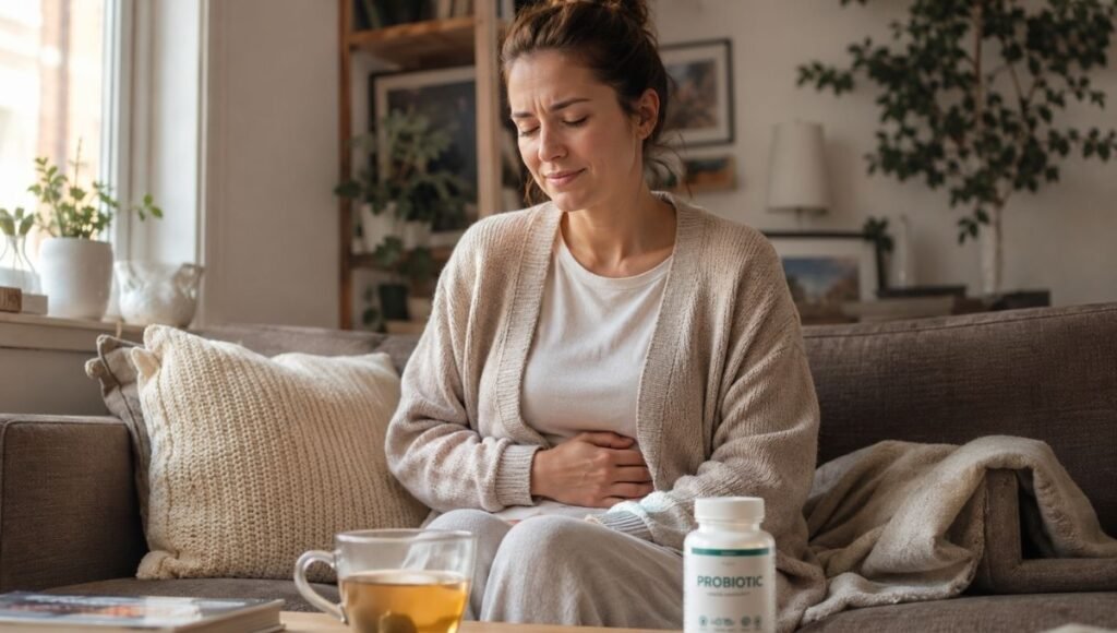 Person sitting on couch with hand on abdomen and probiotic supplement nearby representing the use of probiotics for IBS bloating and gut health symptom management