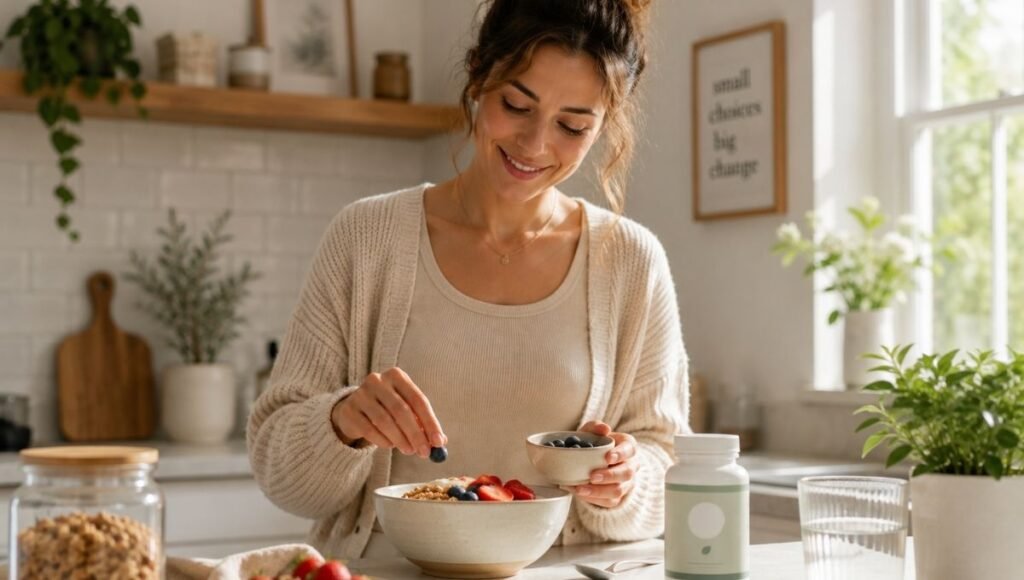 Person happily preparing breakfast in kitchen with probiotic supplement and yogurt representing the positive outcome of consistent probiotic use for IBS gut health and bloating improvement