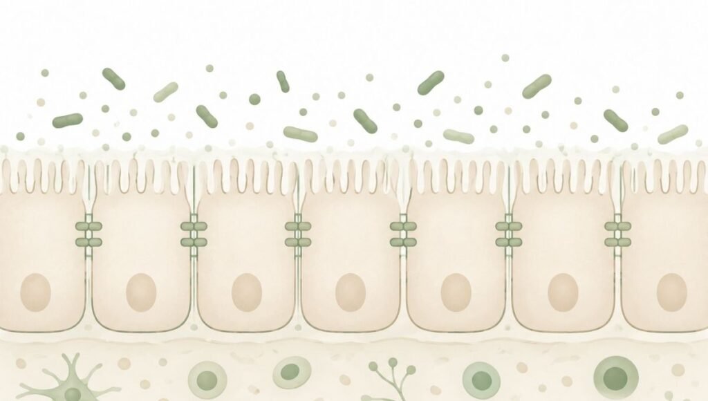 Minimalist illustration of intestinal wall cells with tight junction connections and probiotic bacteria representing how probiotics support gut barrier integrity to help with leaky gut and IBS intestinal permeability