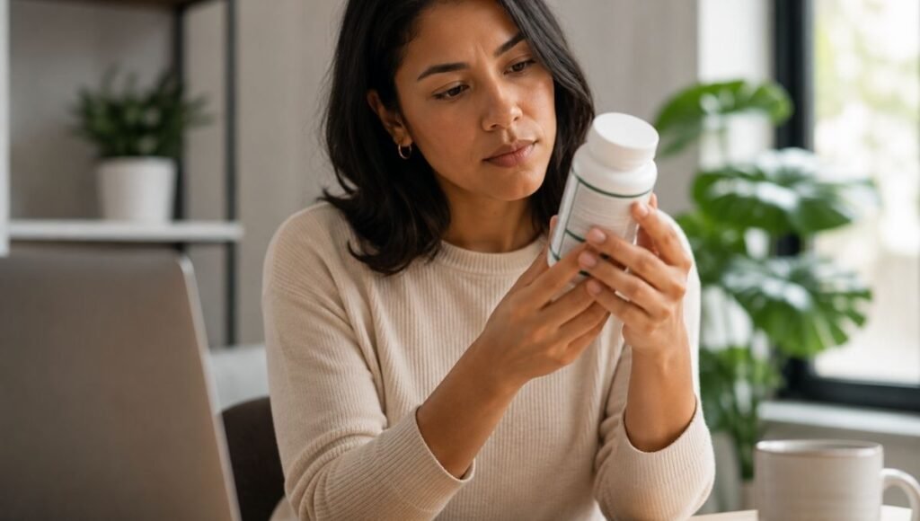 Person reading back label of probiotic supplement bottle representing the troubleshooting process of checking strain identity and CFU at expiration date when probiotics are not producing expected results