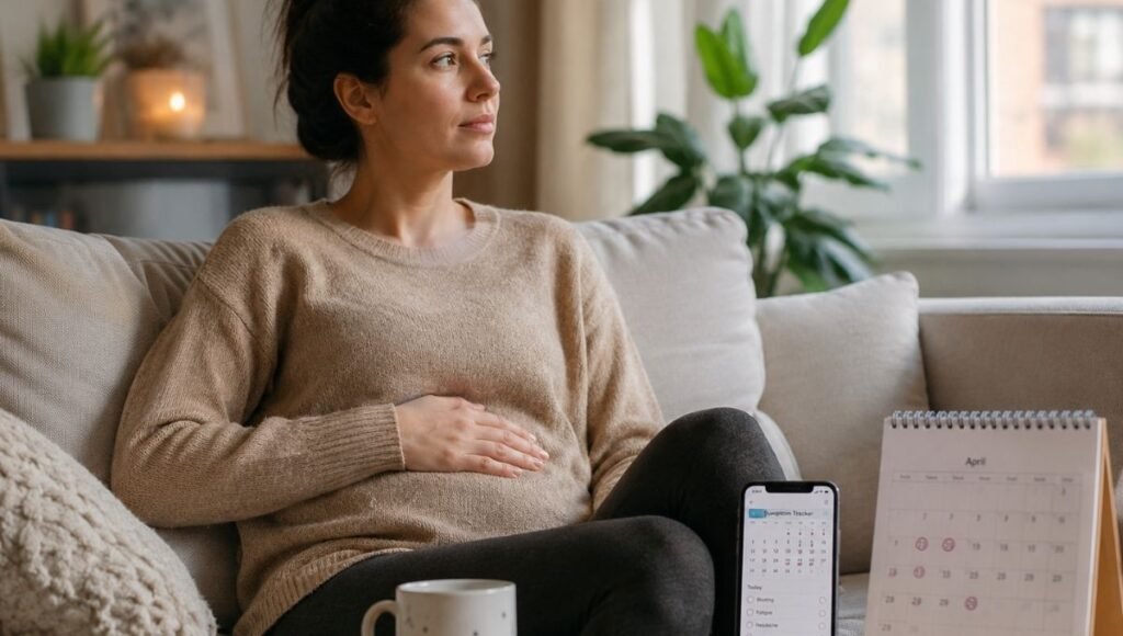Person sitting calmly with hand on abdomen and calendar nearby representing the rational approach of tracking probiotic side effects over 1 to 2 weeks to distinguish normal gut adjustment from problematic symptoms