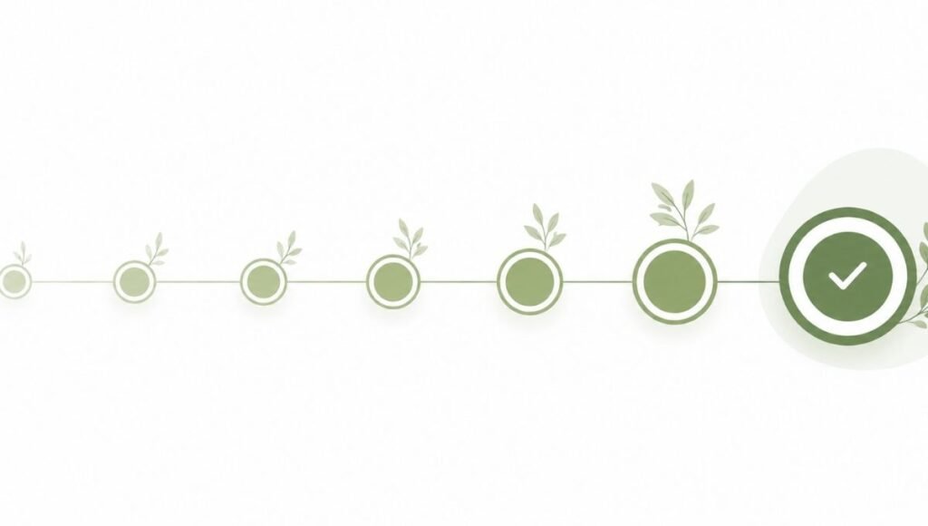 Minimalist horizontal timeline illustration showing probiotic effect progression from days to weeks to months representing different timeframes for bloating IBS immune support and other health goals