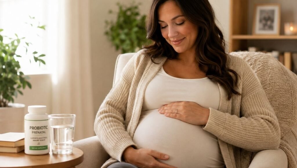 Pregnant woman sitting calmly with hand on belly and probiotic supplement on table representing the safety considerations of taking probiotics while pregnant based on systematic review evidence
