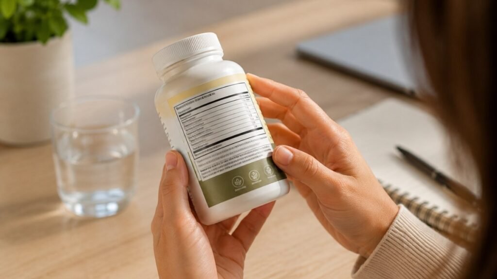 Person reading the ingredient label on a vegan collagen supplement bottle representing the checklist approach to verifying ingredient transparency amino acid profile and third-party testing before purchasing