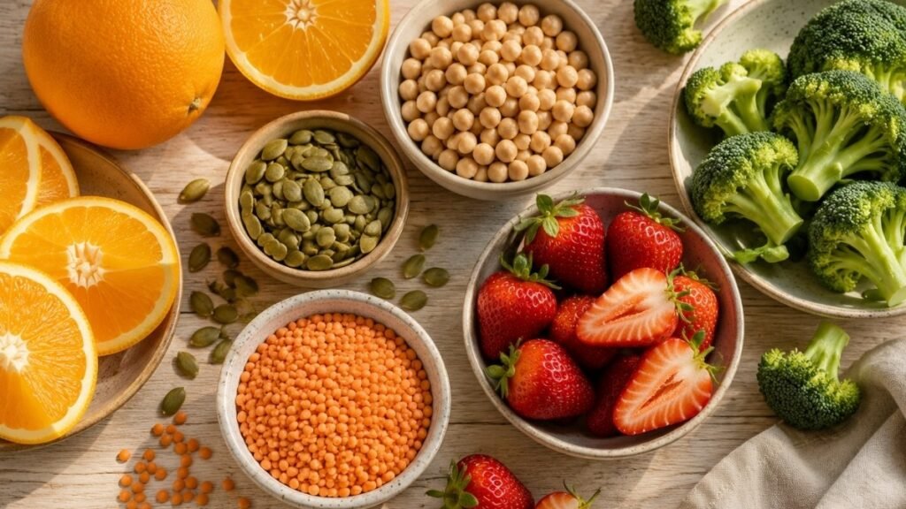 Flat lay of plant-based collagen-supporting foods including citrus fruits chickpeas lentils pumpkin seeds and strawberries representing the key nutrients like vitamin C zinc copper and lysine that vegans need for collagen synthesis
