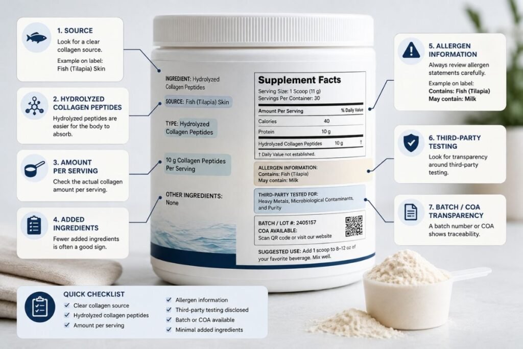 Collagen supplement label showing source, dosage, allergens and testing information