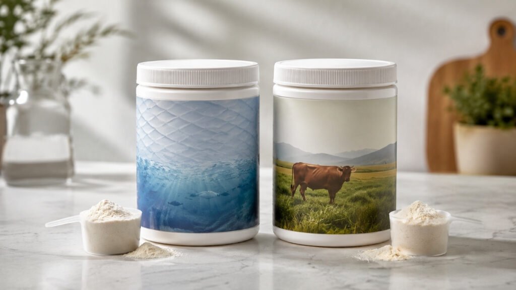 Marine and bovine collagen powders compared side by side